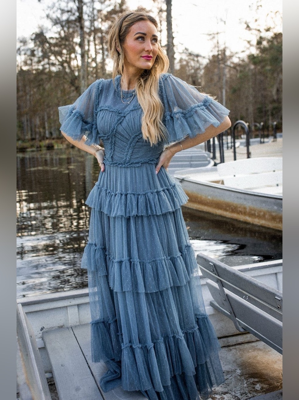 Ivy City Co Slate Blue Whimsical Ruffled Tulle Midi Formal Dress - Picture 3 of 14